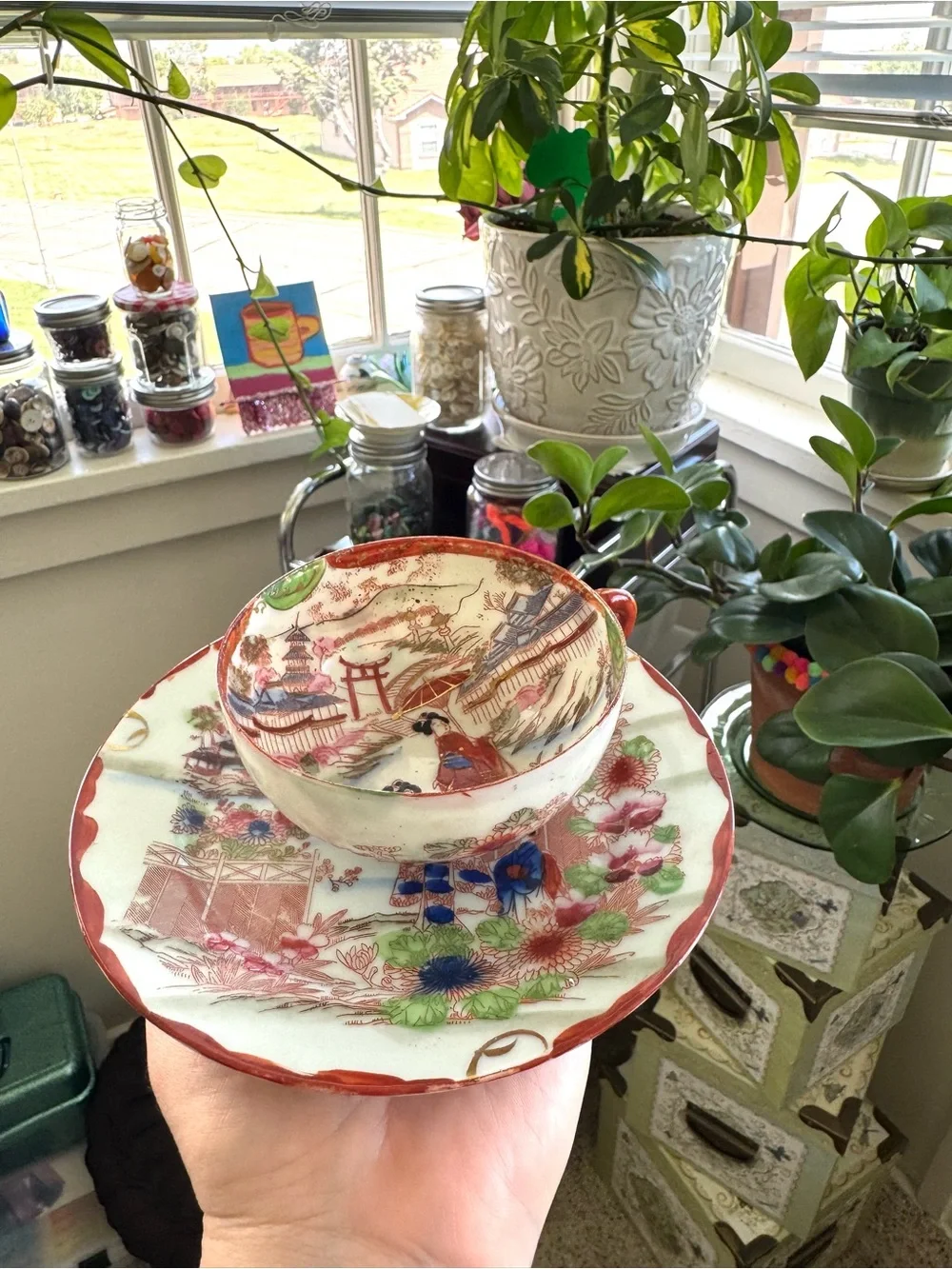 Vintage Japanese Hand Painted Teacup and Saucer Set. Geisha and Floral Landscape